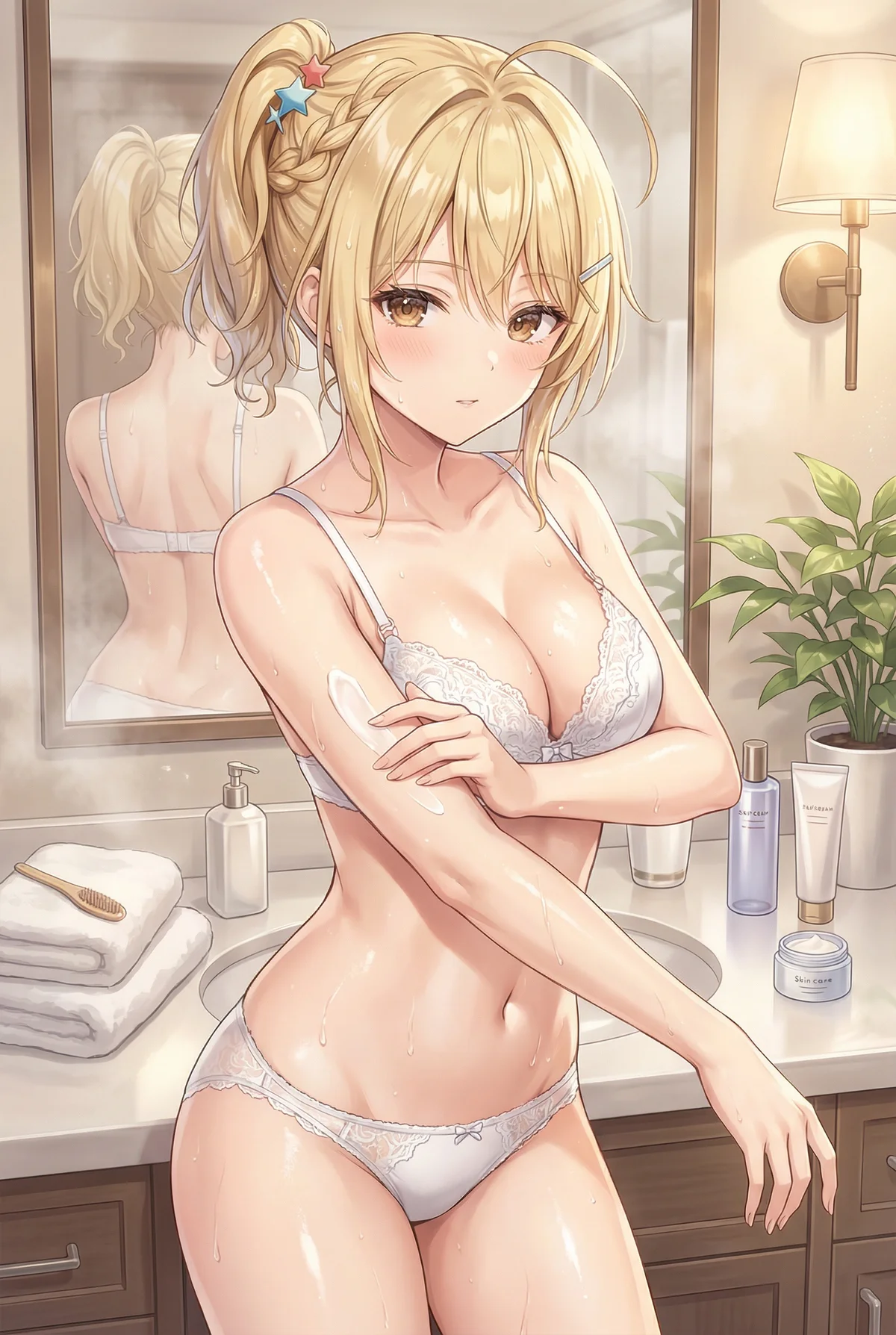 Miyamae Nonoa (Alya-san) in a private after-bath skincare moment. Her wet skin glows in white lace lingerie, beautifully captured in the bathroom.
