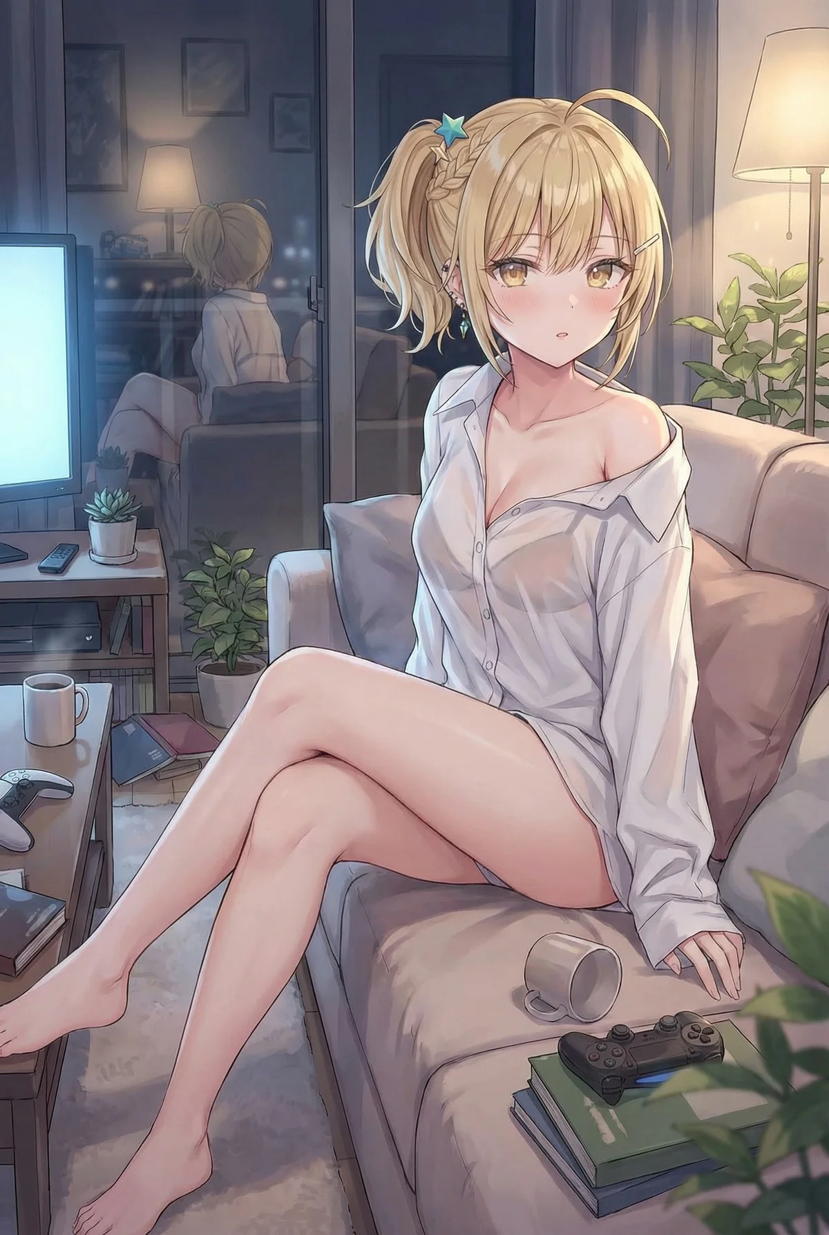 Miyamae Nonoa from "Alya Sometimes Hides Her Feelings in Russian" in a relaxed evening scene. Dressed in just a loose white shirt, she sits on the sofa with a shy, charming expression. A game controller and coffee mug set a cozy, intimate mood at home.