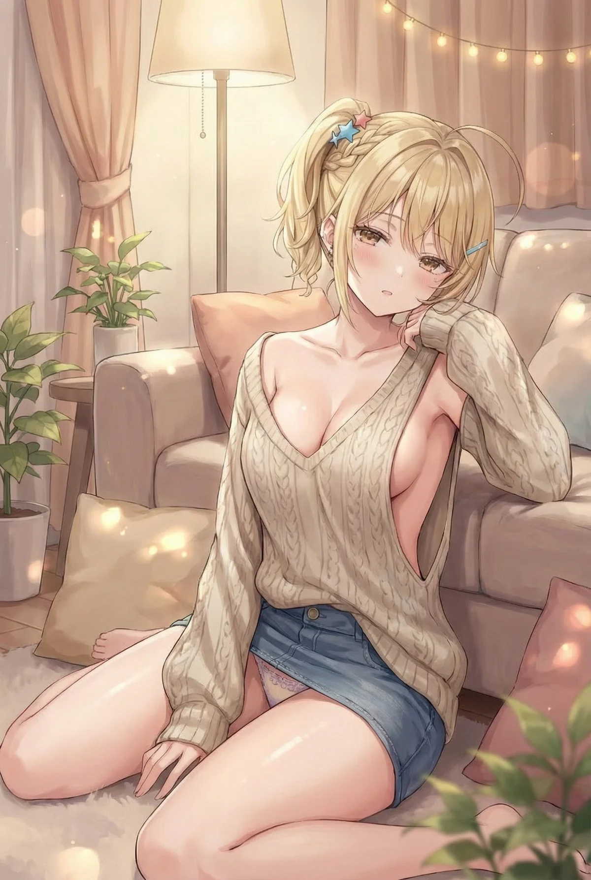 「ロシア語でデレる隣のアーリャさん」の宮前乃々亜が、温かい照明のリビングでくつろぐ姿。ゆるいニットとデニムスカートが彼女の大人びた魅力を引き出しています。