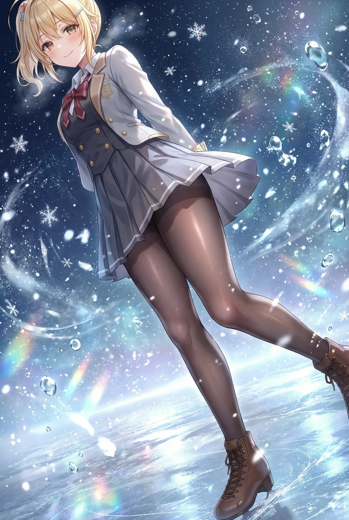 「ロシデレ」の宮前乃々亜が、雪降る幻想的な冬のリンクでアイススケートを楽しむ様子。制服姿にタイツを合わせた、輝くような笑顔が魅力的な一枚です。