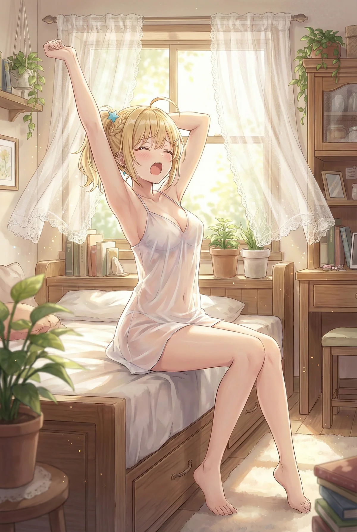 『ロシア語でデレる隣のアーリャさん』より宮前乃々亜。朝陽が差し込む部屋で、純白のルームウェア姿で気持ちよさそうに伸びをする乃々亜。清々しい一日の始まりを感じる一枚です。