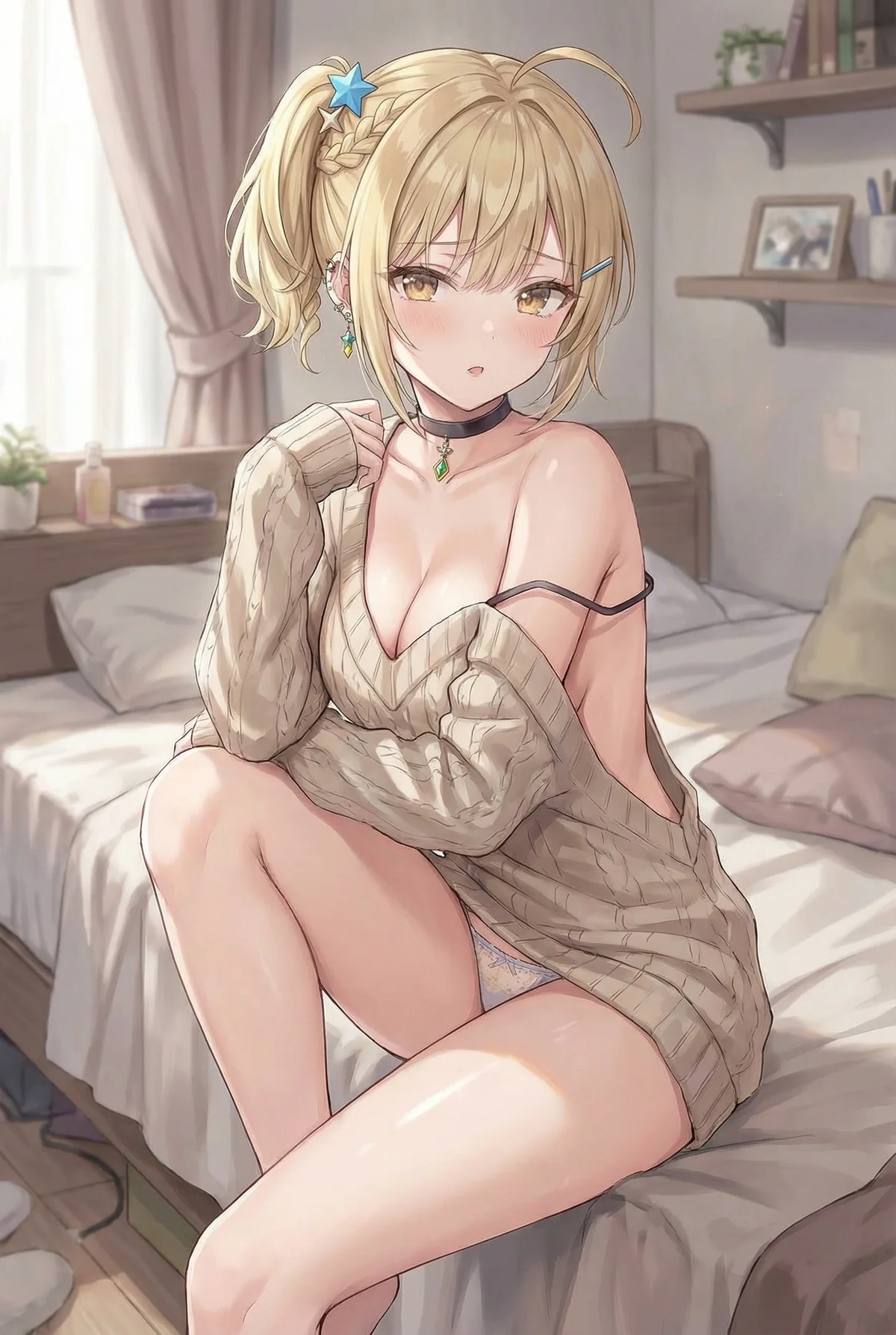 Miyamae Nonoa from "Alya Sometimes Hides Her Feelings in Russian" relaxes on her bed in an oversized knit sweater. Her shy expression and charming "dere" vibe create a captivating and heartwarming moment.
