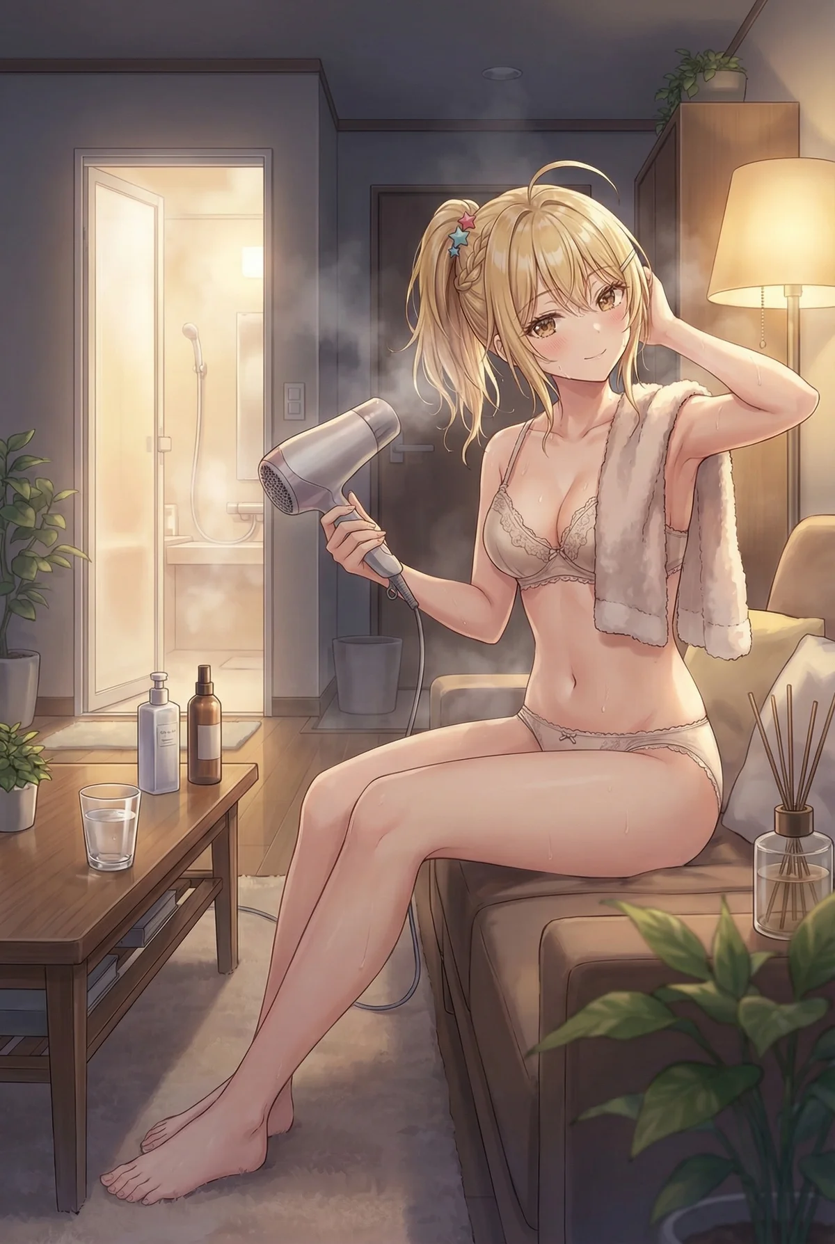 Miyamae Nonoa from "Alya Sometimes Hides Her Feelings in Russian" after a bath. She smiles while drying her hair with a hairdryer, steam rising from the bathroom.