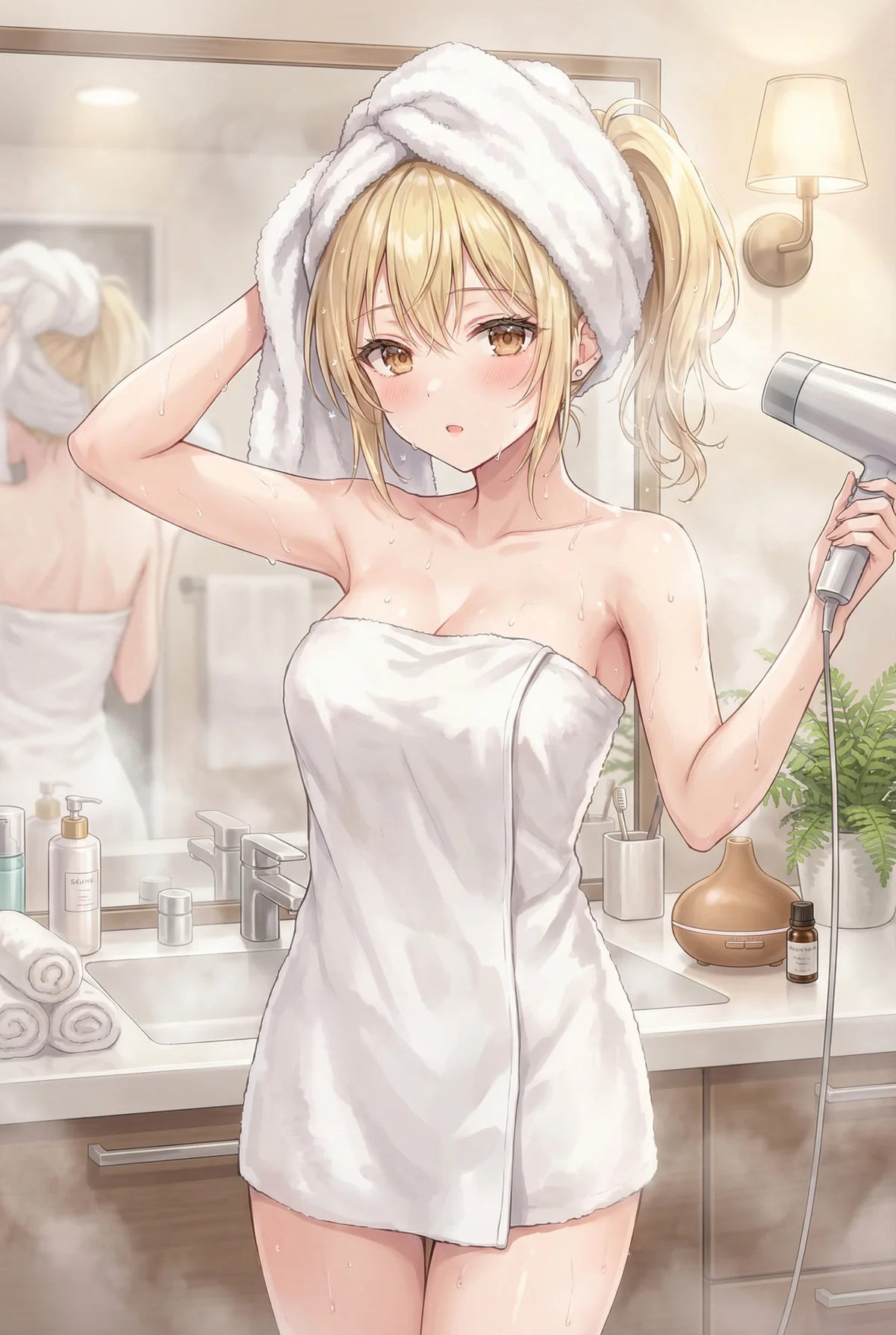 湯上がりの宮前乃々亜が、バスタオルを巻いて髪を乾かそうとしているキュートな瞬間。はにかんだ表情と水滴が光る肌が愛らしいバスルームでの一コマです。