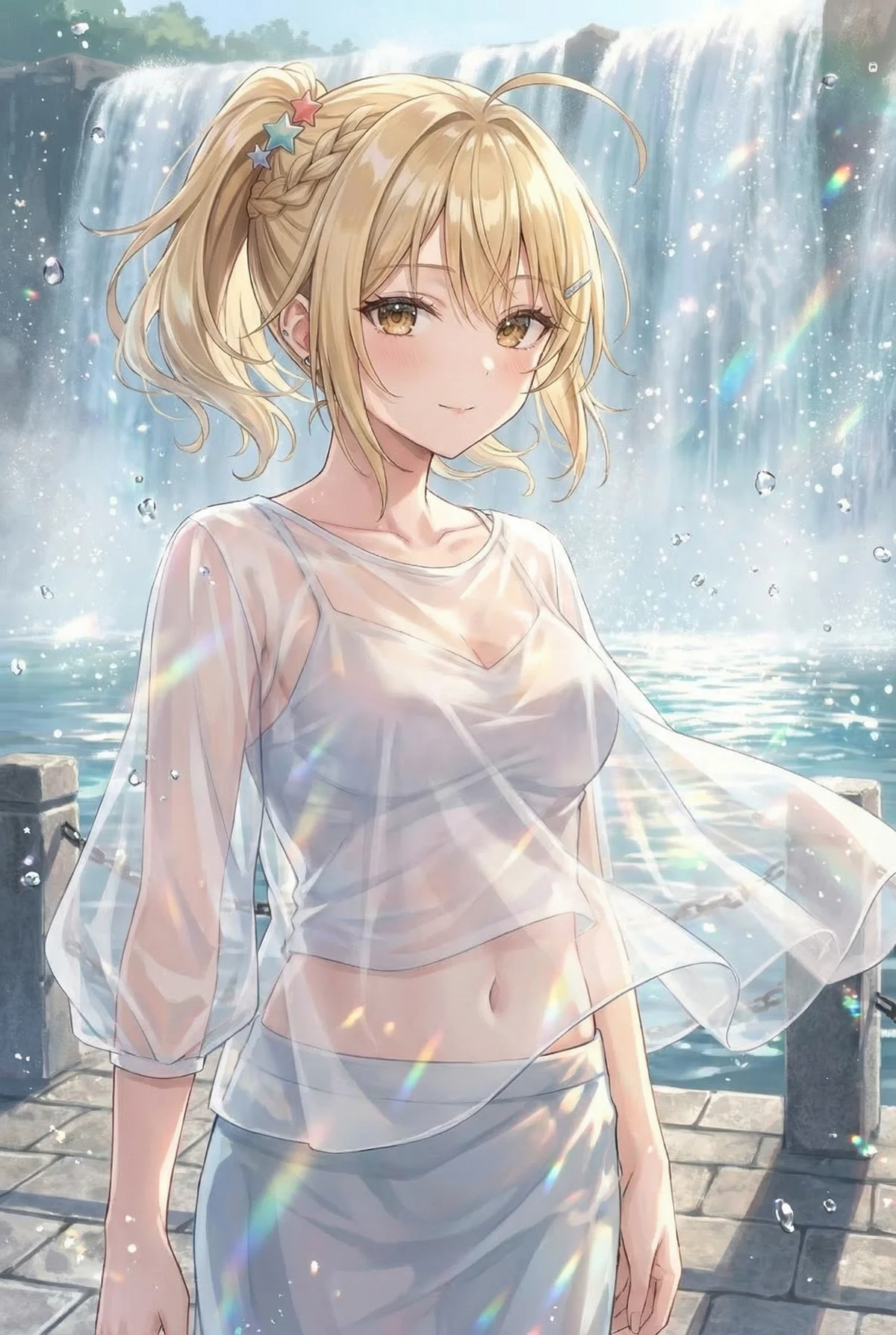 Miyamae Nonoa from "Alya Sometimes Hides Her Feelings in Russian" is by a sparkling waterfall. Her sheer, wet top and serene smile create a refreshing summer vibe.