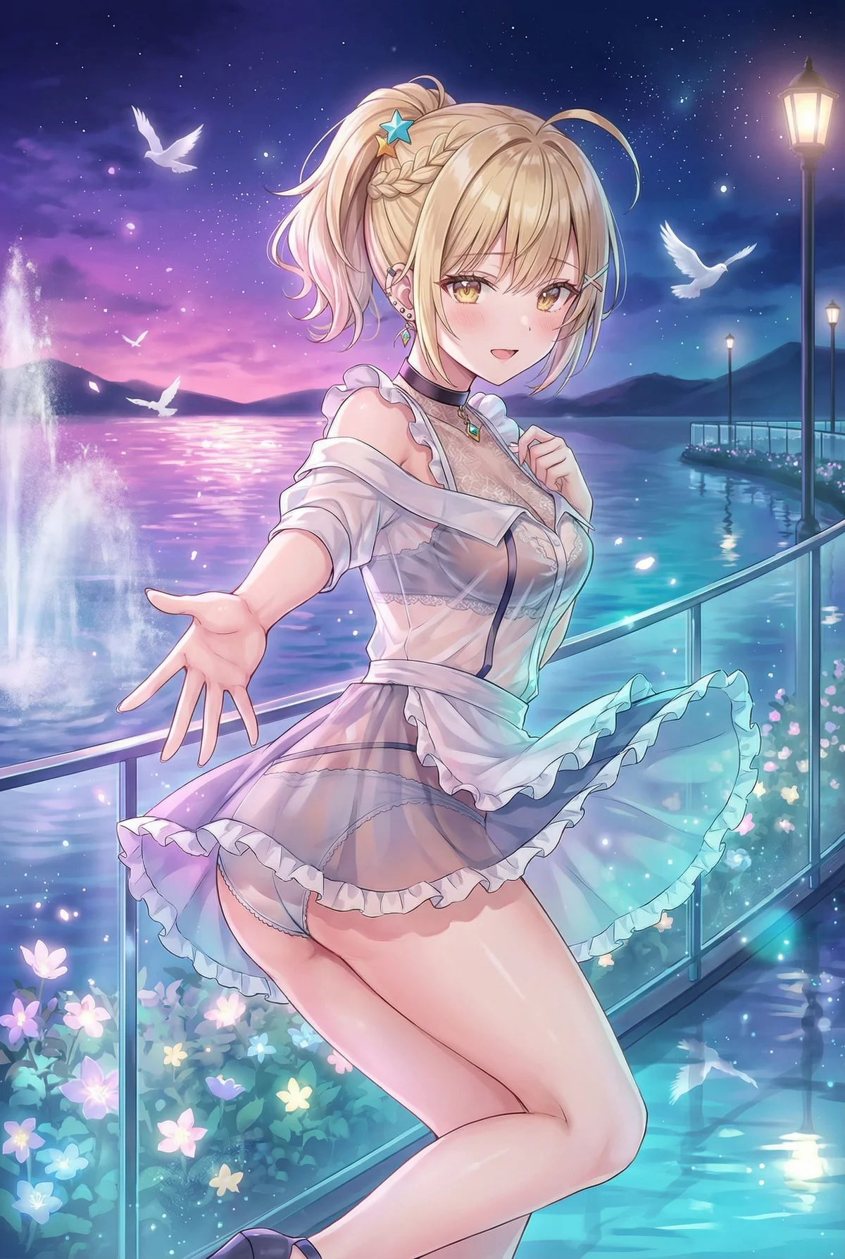 ロシア語でデレるアーリャさんの乃々亜が、星降る夜の湖畔で透け感のあるドレス姿を披露。甘く微笑み、手を差し伸べる姿が魅惑的。