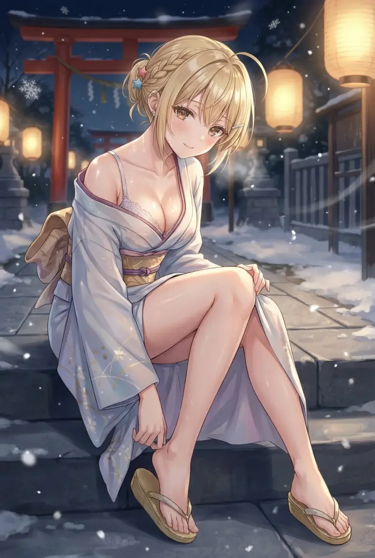 【宮前乃々亜】雪夜の神社、湯上り和装の乃々亜