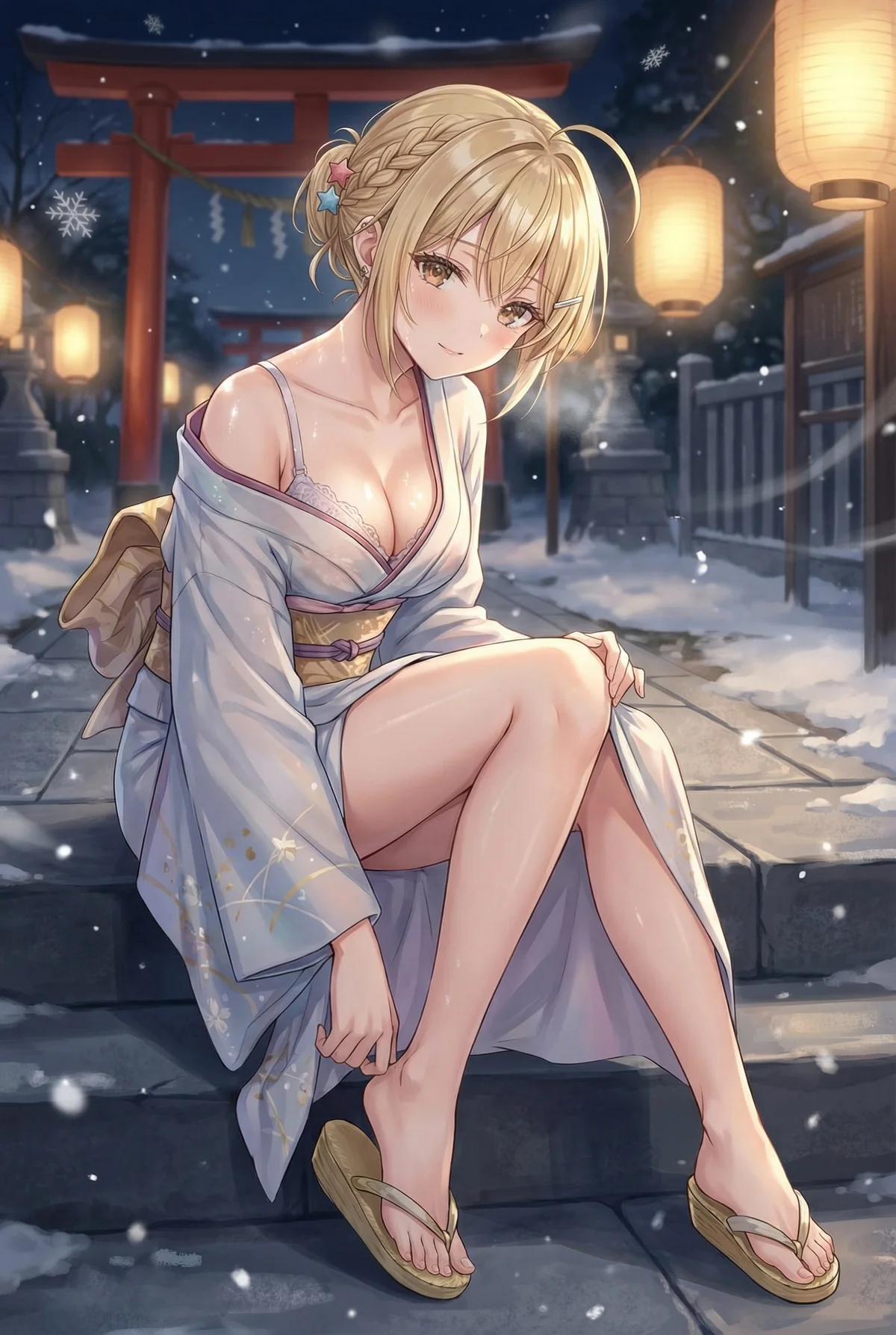 宮前乃々亜が雪降る夜の神社で、湯上りと思われる軽装の和服姿で石段に腰掛けています。はだけた胸元と柔らかな表情が、幻想的な情景と相まって魅力的です。