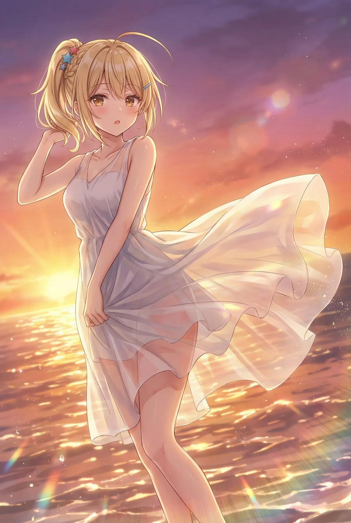 Miyamae Nonoa from "Arya Sometimes Hides Her Feelings in Russian" graces a sunset beach. Her white dress flows, illuminated by the golden water, creating a captivating and ethereal moment.