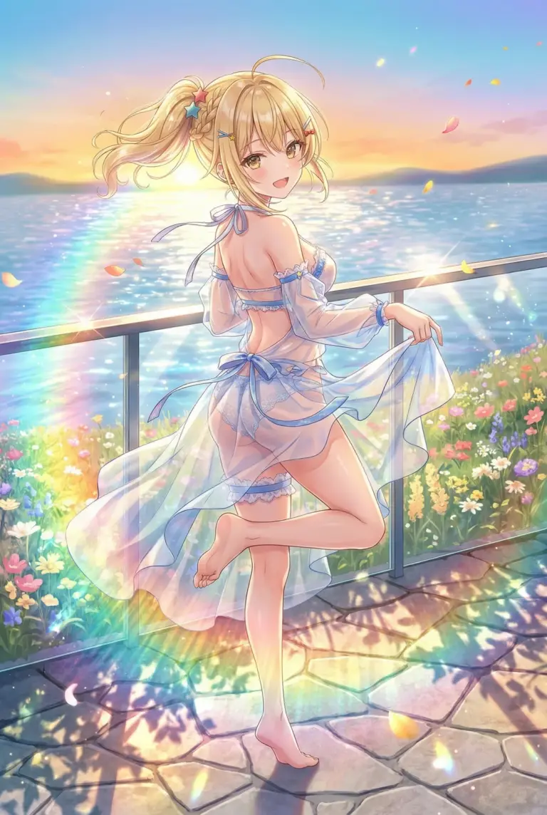 【宮前 乃々亜】夕焼けと虹色に輝く水着の乃々亜