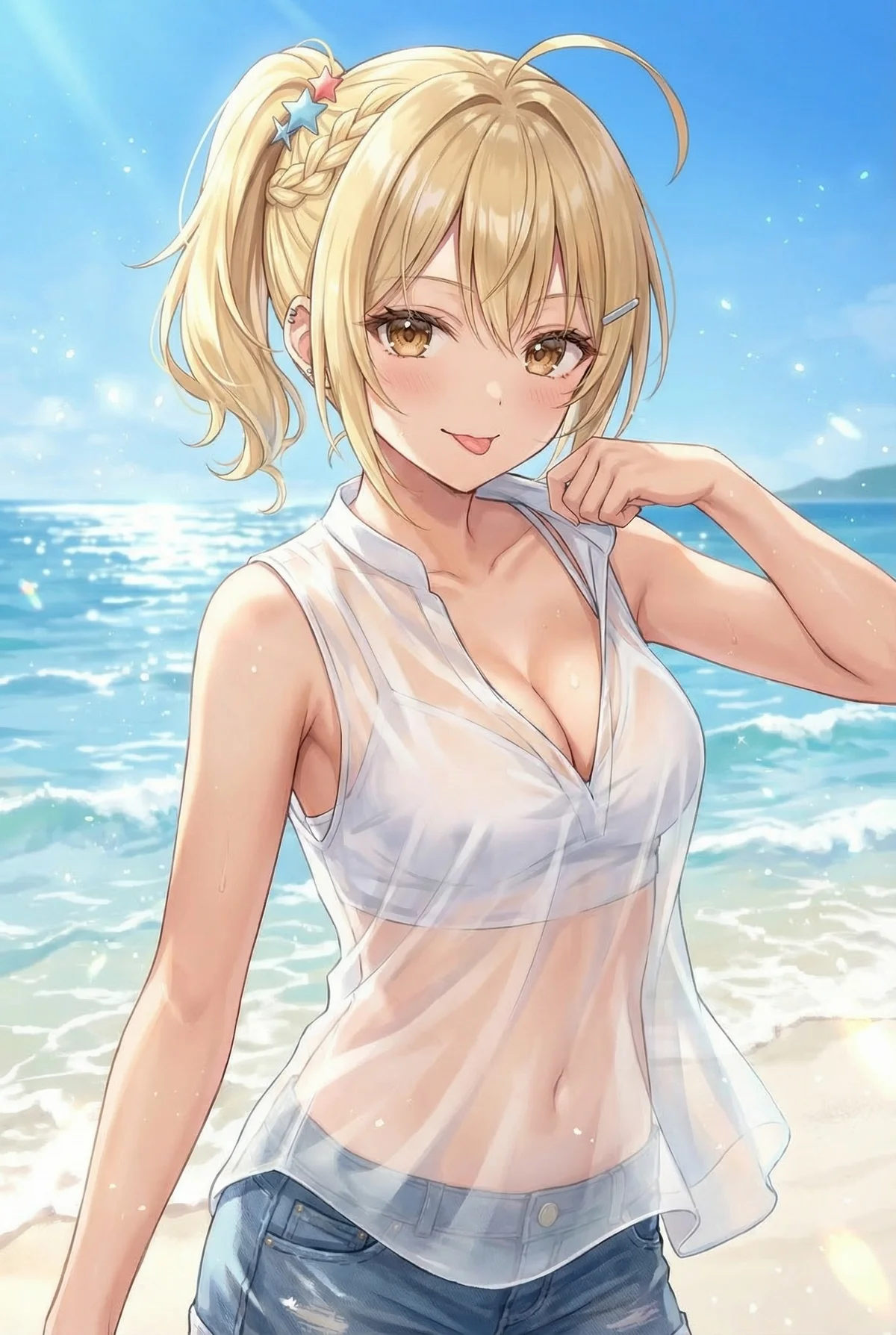 Nonoa Miyamae from "Arya-san" embraces the summer beach vibe with a wet shirt and a playful, charming smile. Dazzling and captivating!