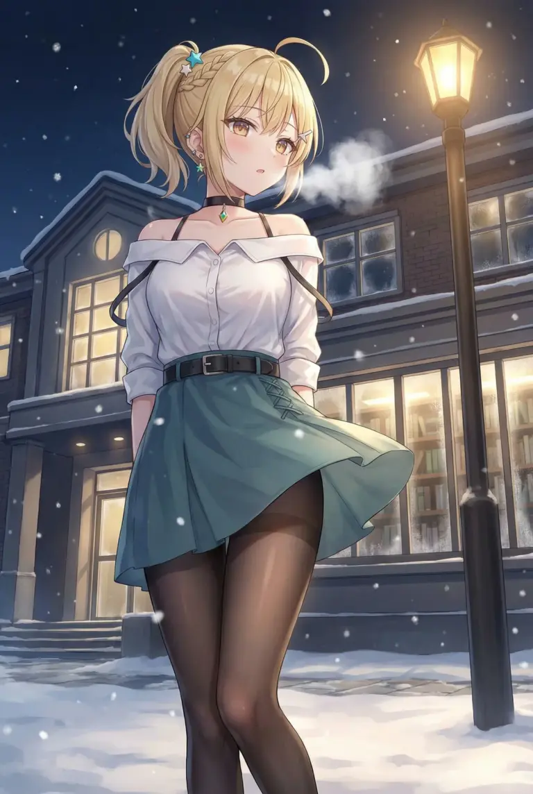 【宮前 乃々亜】雪舞う夜の街角、白い息と街灯の下で