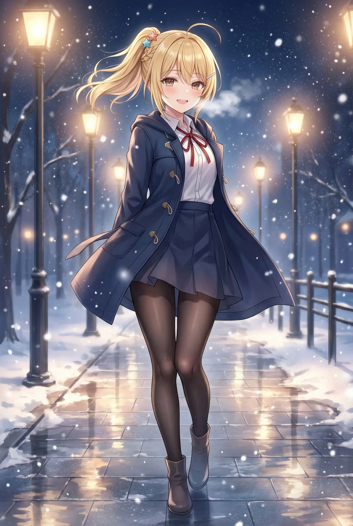 「ロシア語でデレる隣のアーリャさん」の宮前乃々亜が、雪が舞う冬の夜道を優しく微笑みながら歩く姿。暖かな街灯が照らす中、ダッフルコートを着て魅力的な一枚です。