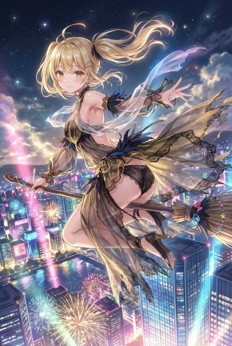 【宮前 乃々亜】花火の夜空を舞うセクシーな魔女