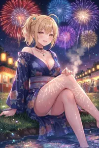 Enchanting Summer Night: Nonoa in Yukata by the Water with Fireworks