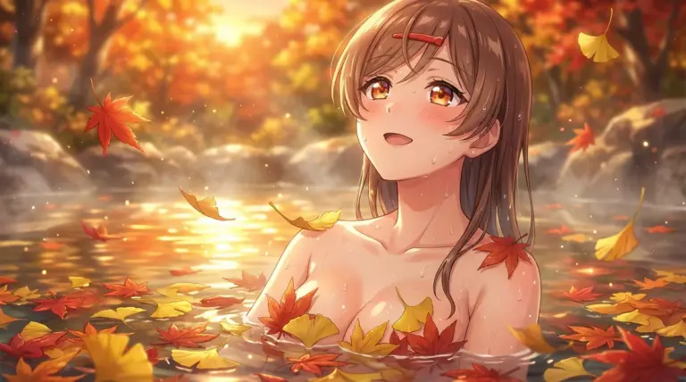 【間 瑞希】紅葉舞う露天風呂で至福の微笑み