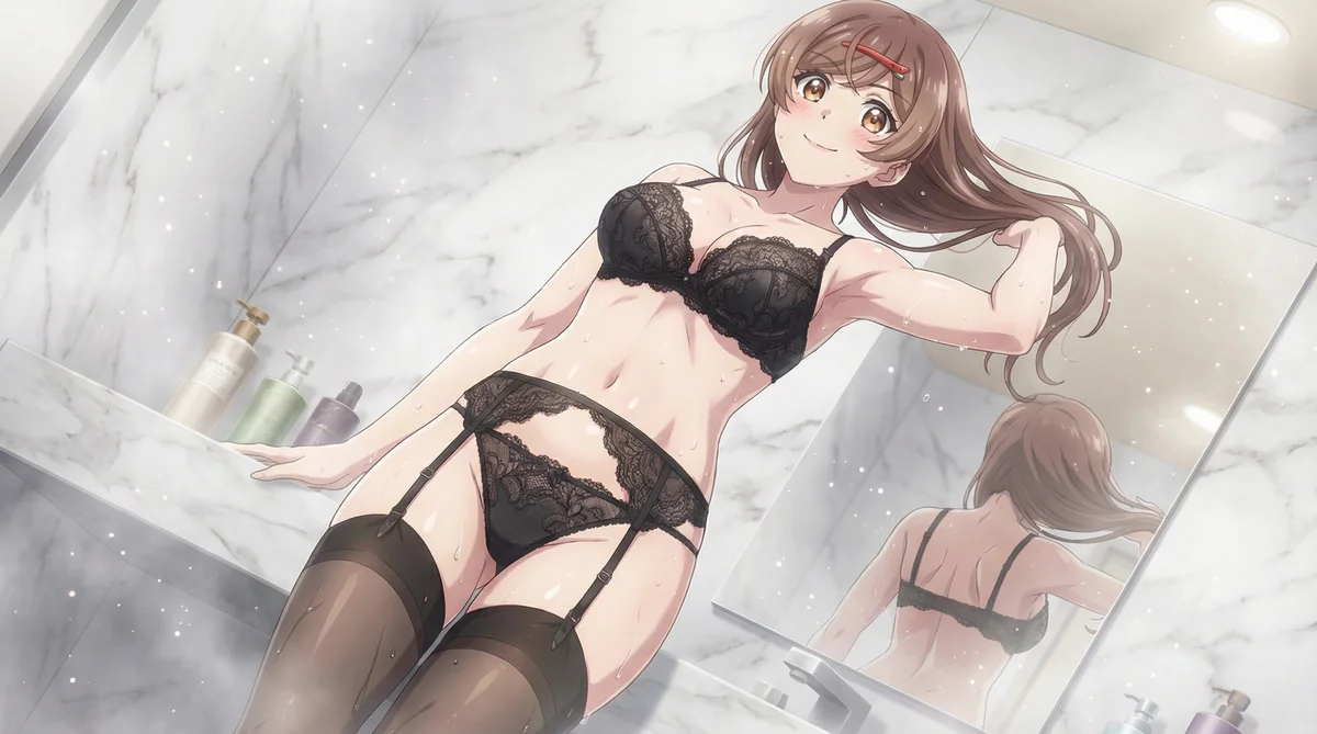 Mizuki Hazama from "Egao no Taenai Shokuba desu." in alluring black lace lingerie after a shower. Her wet skin and charming smile radiate mature beauty, with her reflection visible in the mirror.