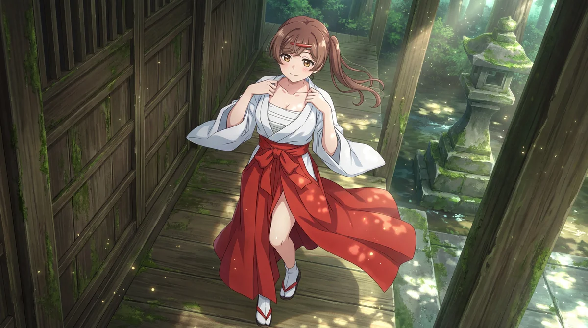Mizuki Hazama from "Egao no Taenai Shokuba desu." shines as a miko (shrine maiden) in a sun-dappled path of a mystical Japanese shrine. Her gentle smile adds to the serene, enchanting atmosphere.