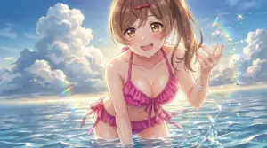 【間 瑞希】夏の水辺で輝く笑顔！水着姿で水遊び