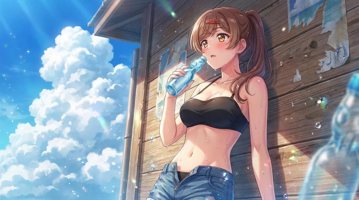 「笑顔のたえない職場です。」の間 瑞希が、夏の眩しい日差しの中、汗を流しながらラムネで喉を潤す休憩の一コマ。青空と白い雲の下、涼を求める瑞希の表情が印象的です。