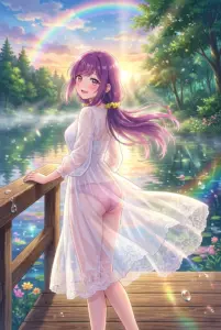 【双見 奈々】湖畔の朝、虹とレースのシースルードレス