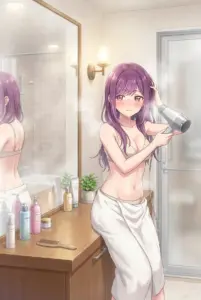 【双見 奈々】湯上がり髪のお手入れに照れる奈々