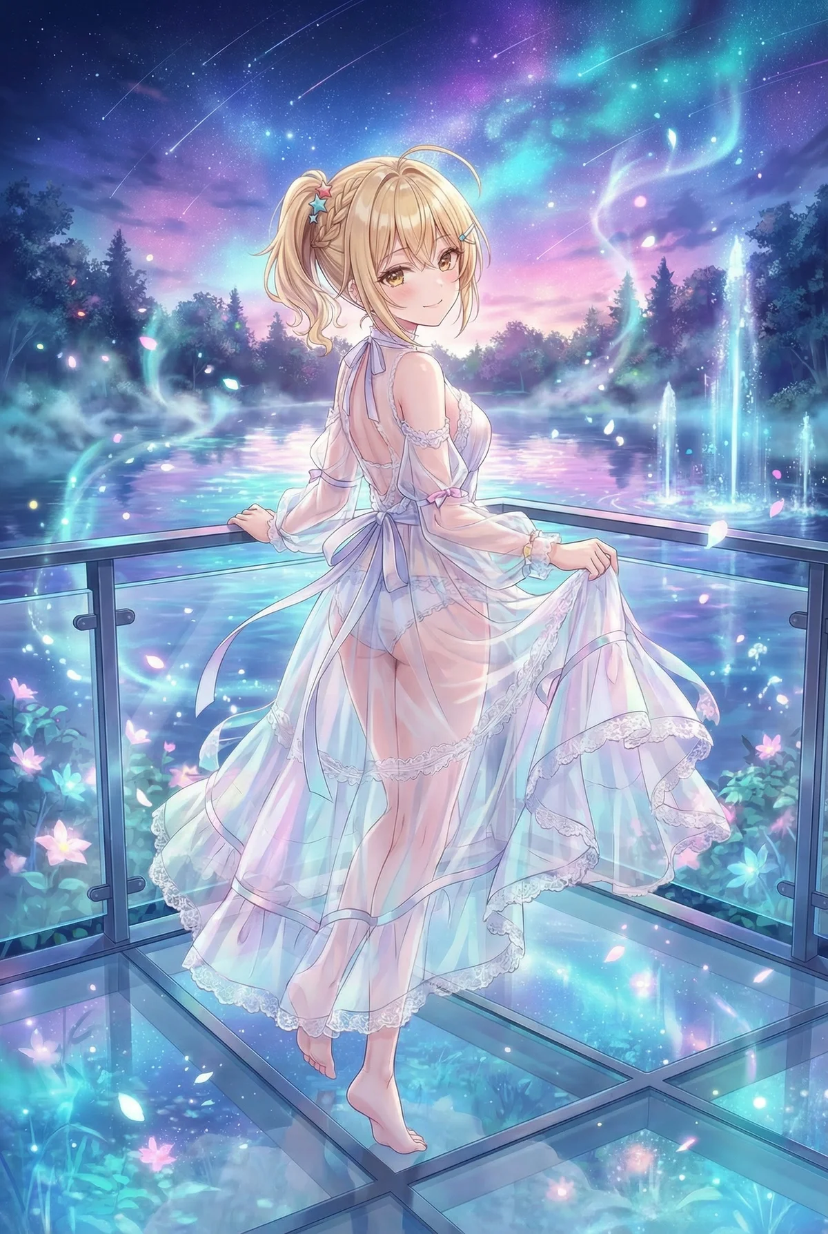 「ロシア語でデレる隣のアーリャさん」の宮前乃々亜が、星が降り注ぐ夜の幻想的な水辺で、軽やかな透け感のあるドレスを纏い優しく微笑む。魔法のような景色に佇む彼女の、息をのむ美しさを捉えた一枚です。