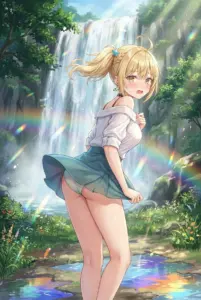 Nonoa Miyamae’s Shy Moment by the Rainbow Waterfall