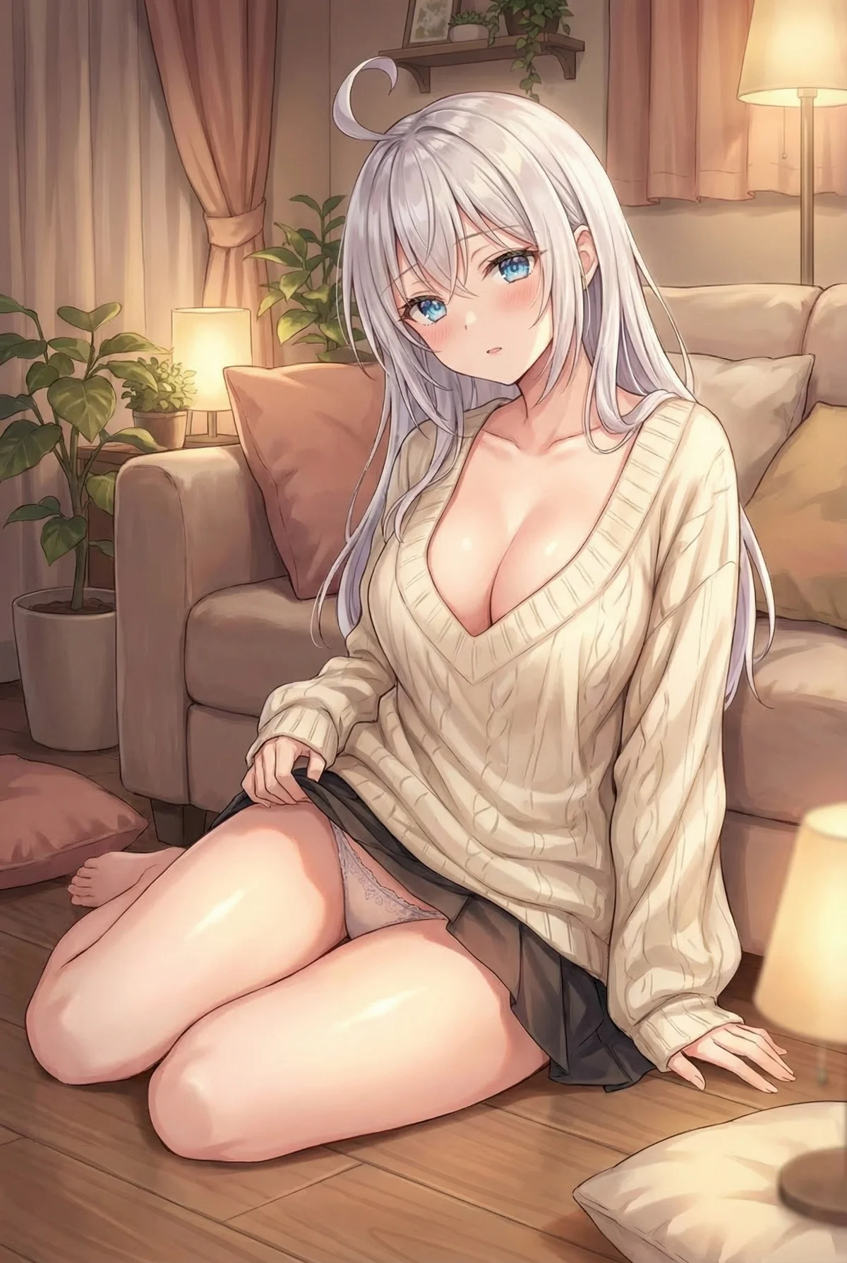 『ロシア語でデレる隣のアーリャさん』より、アーリャがVネックニットを着て床に座り、スカートを少し持ち上げるセクシーな瞬間。自宅でのくつろいだ表情が魅力的です。