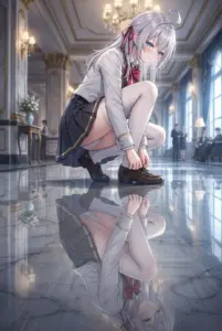 Alya from Roshidere: Tying Her Shoes in a Majestic Hall