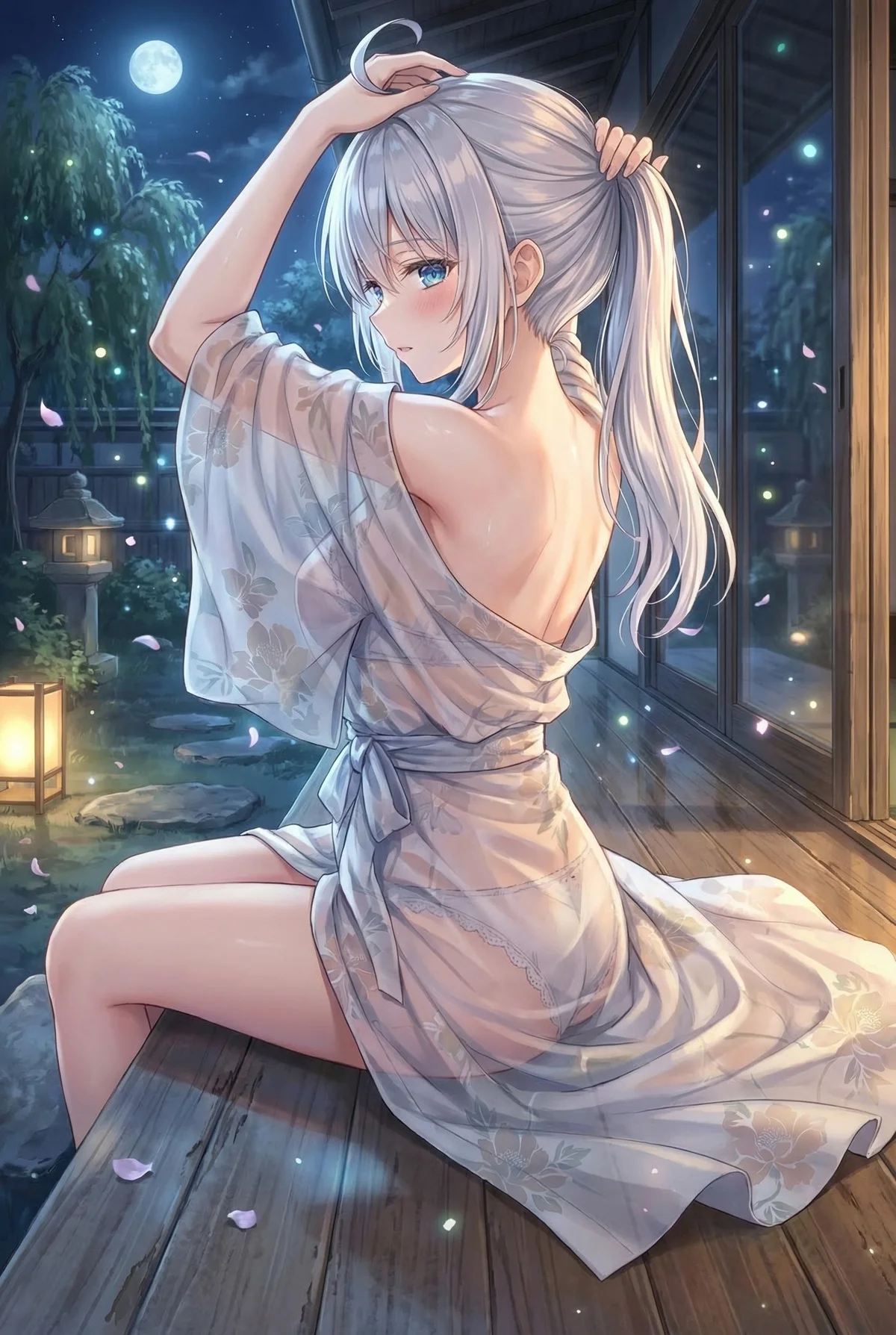 「ロシア語でデレる隣のアーリャさん」のアーリャが、月明かりの下、湯上がりの浴衣姿で縁側に佇む。ふわりと透ける生地が艶やかさを引き立て、その色気と愛らしさに心がとろけます。