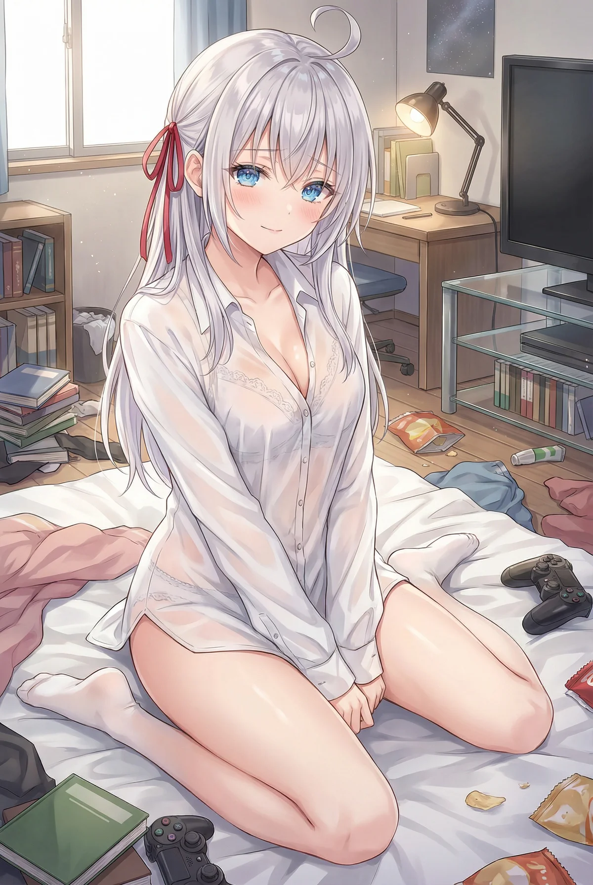 Alya (from "RoshiDere") in a sheer white shirt smiles shyly in her messy room. This charming, intimate everyday moment captures her relaxed charm.