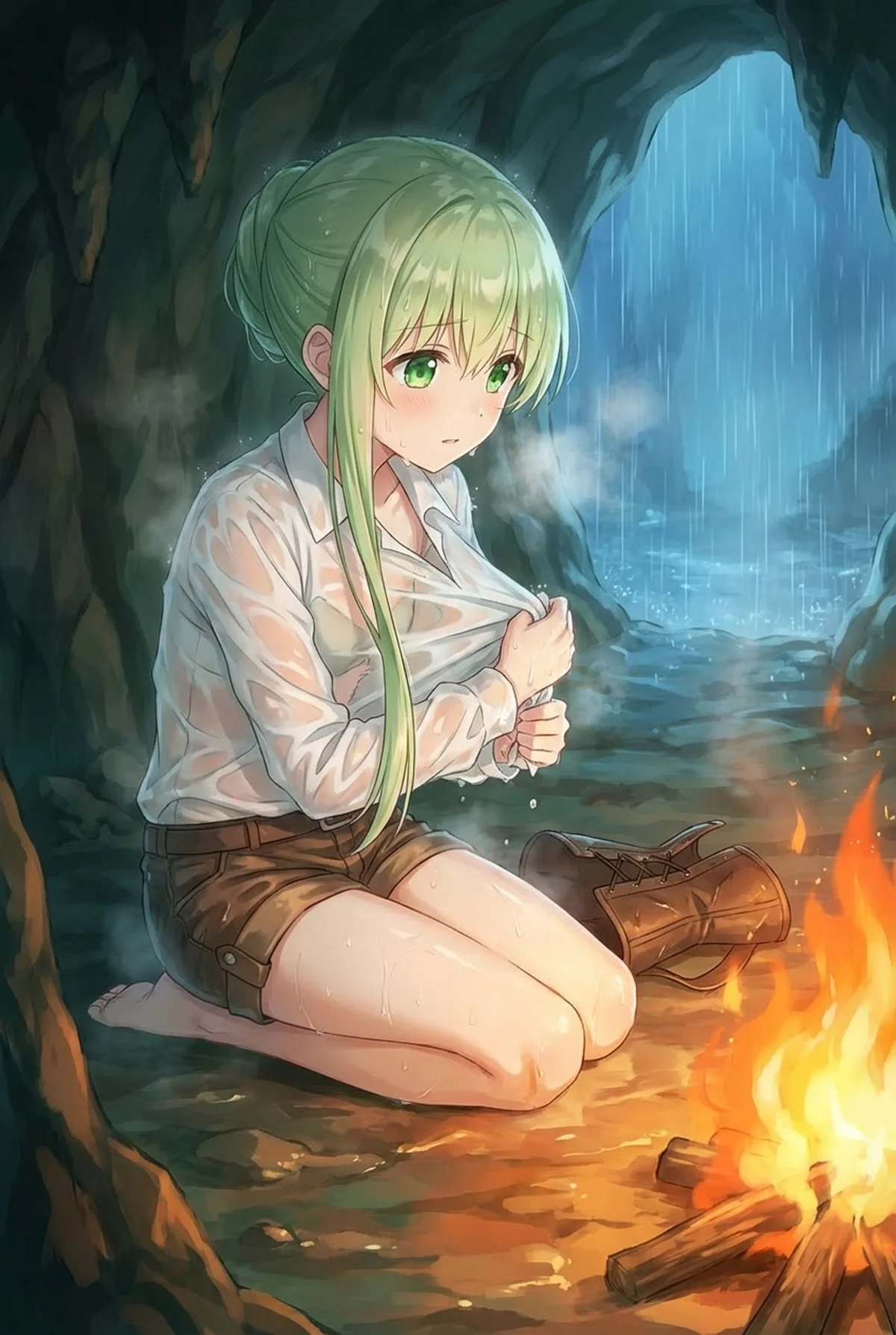 Cecilia, from "Saint Cecilia and Pastor Lawrence," is soaked in a rainy cave, warming herself by a campfire. She looks vulnerable yet endearing.