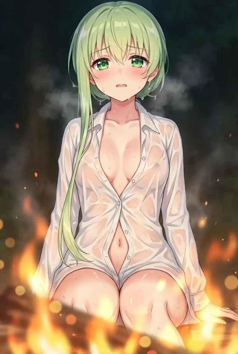 【セシリア】焚き火で暖まる濡れシャツ聖女