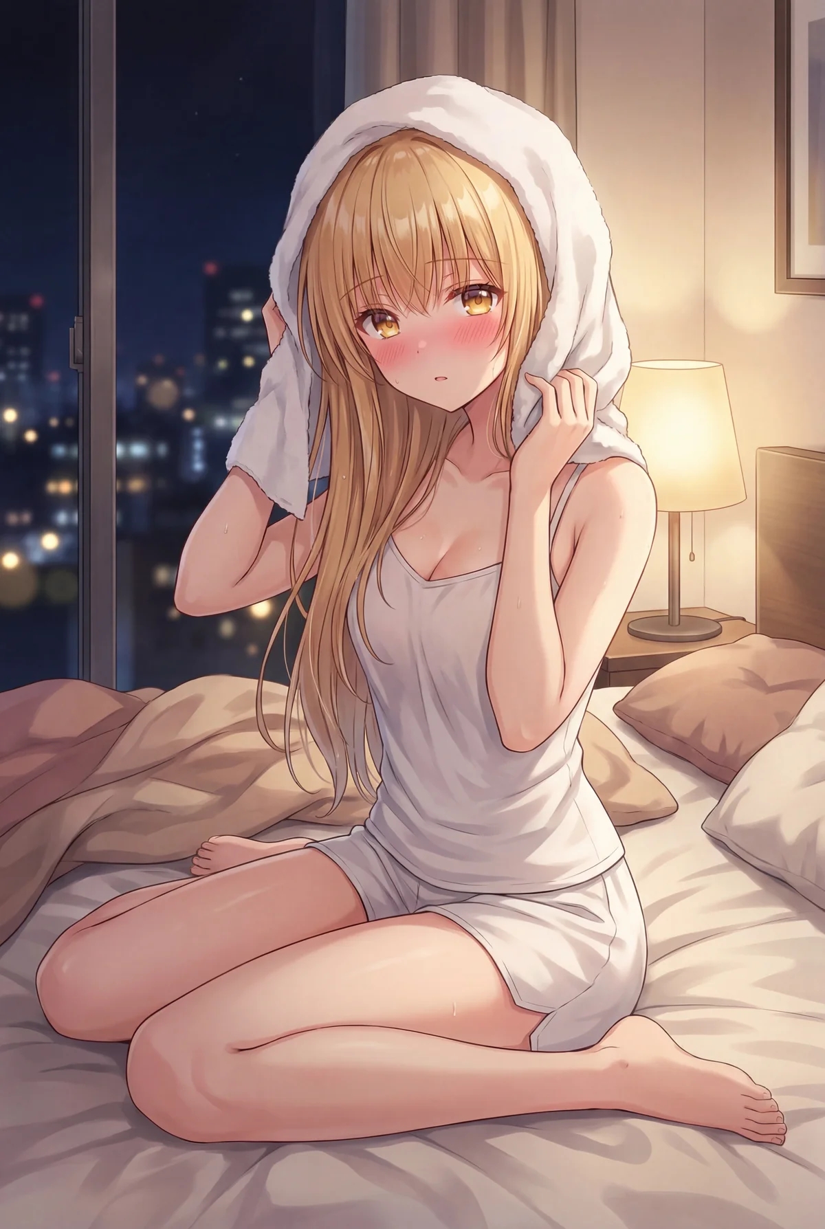 「お隣の天使様にいつの間にか駄目人間にされていた件」の椎名真昼が、湯上がりの無防備な姿でベッドに座る一枚。夜景を背に、ほんのり頬を染めた表情が愛らしい。一緒に夜を過ごしたくなるような、ドキドキの瞬間を捉えました。