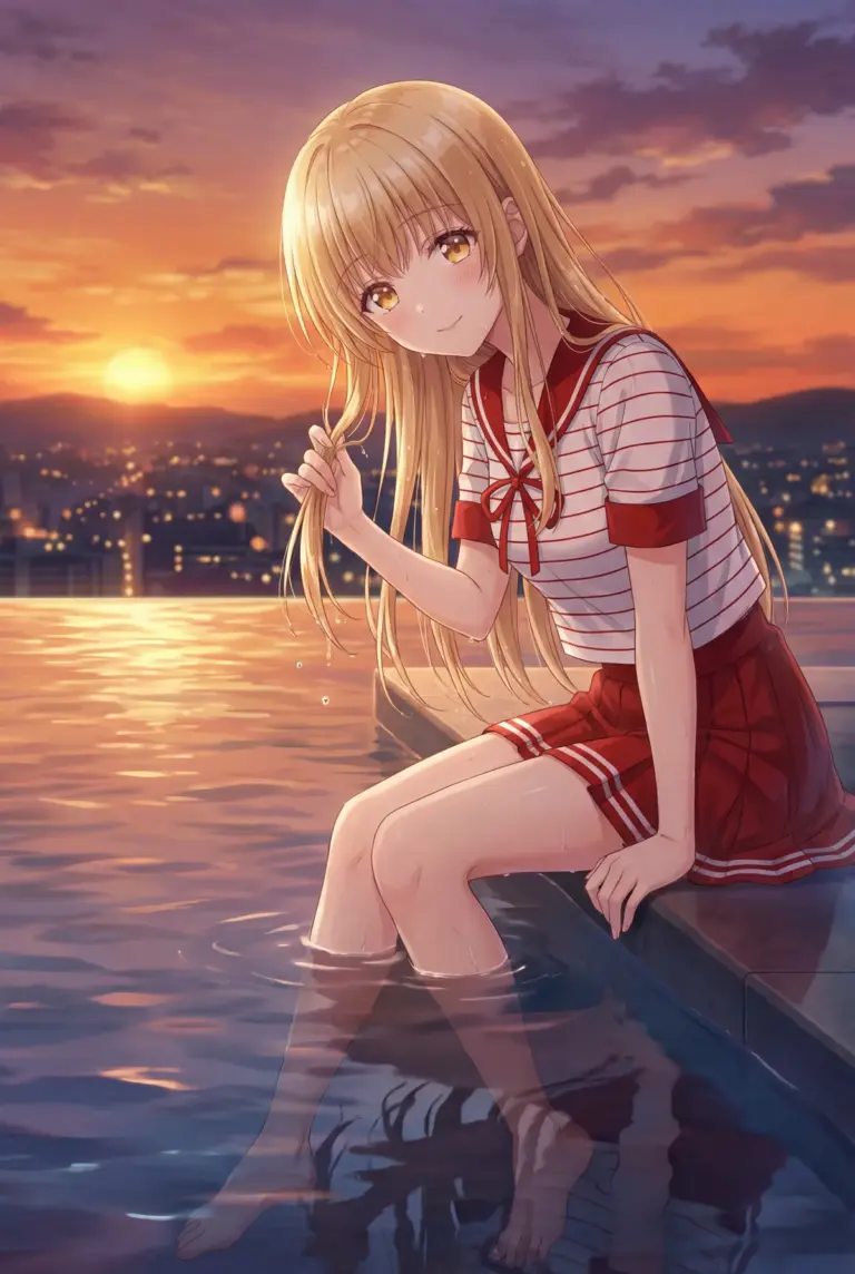 【椎名真昼】夕焼け空、制服姿で水に浸かるひととき