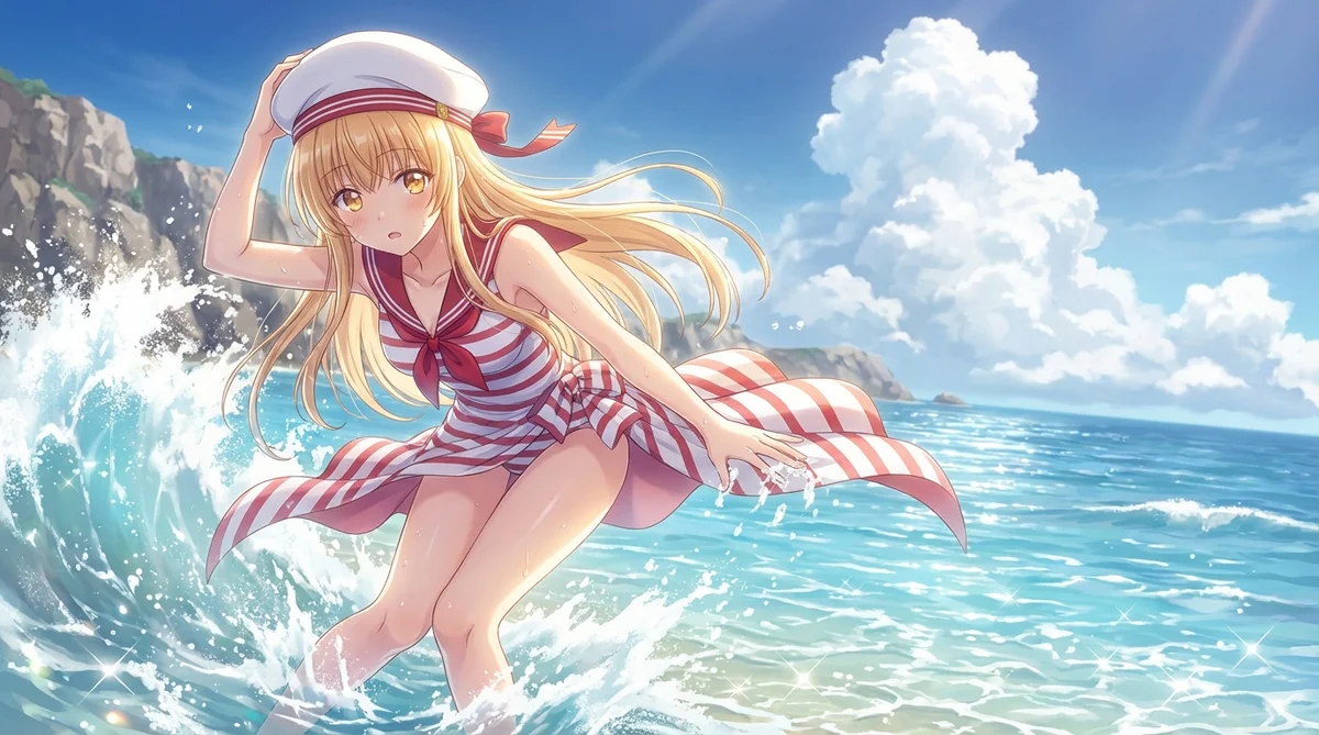 Shiina Mahiru, "The Angel Next Door," splashes in the sparkling blue ocean. She looks adorable in her red and white sailor swimsuit on a bright summer day at the beach.