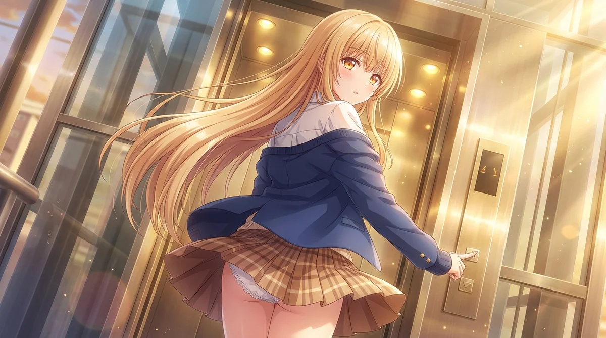 Mahiru Shiina from "The Angel Next Door" glows in a golden elevator. She turns back, blazer off-shoulder, her skirt fluttering, revealing her charming presence.