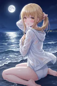 【椎名真昼】満月の夜、ビーチで濡れた水着パーカー