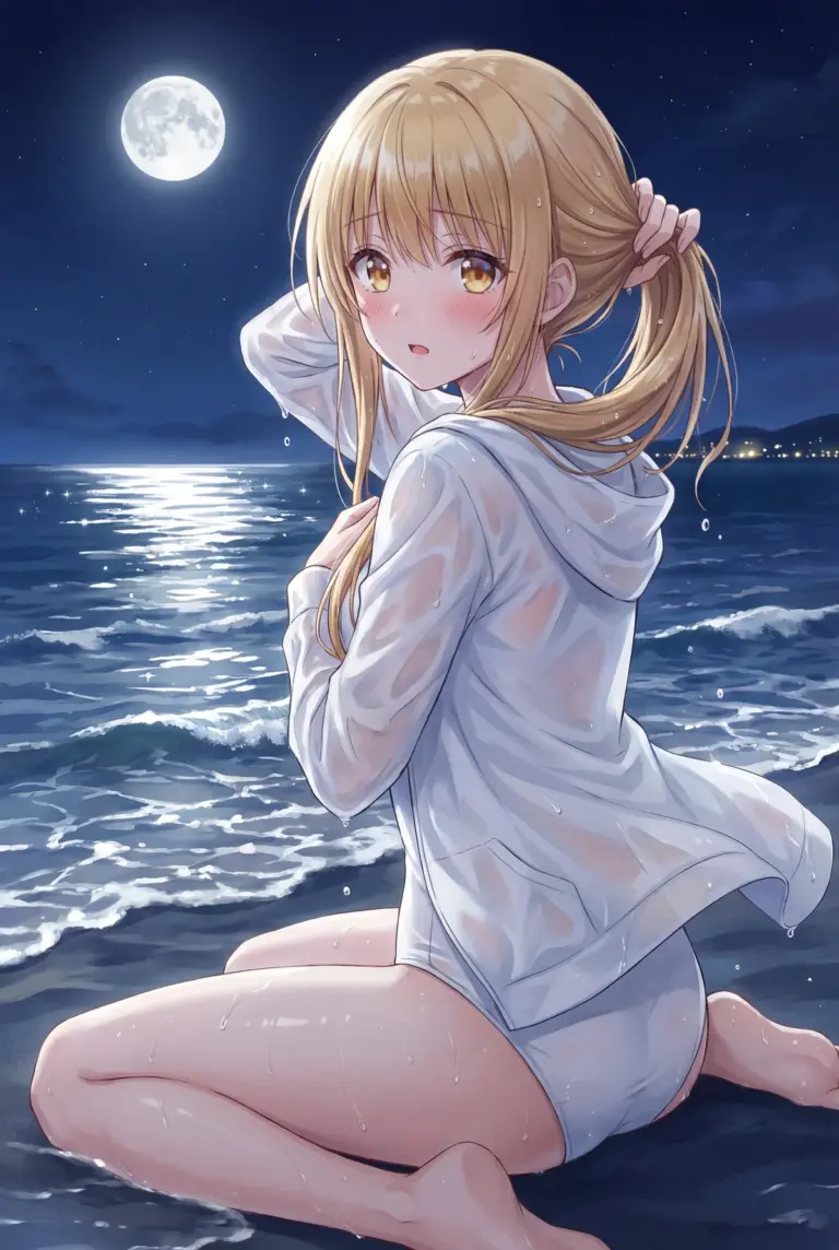 【椎名真昼】満月の夜、ビーチで濡れた水着パーカー