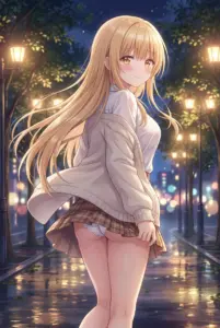 【椎名真昼】夜の街路樹の下、魅惑の微笑み