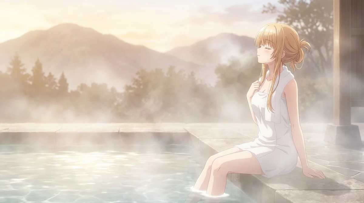 Mahiru Shiina unwinds in a beautiful outdoor hot spring, enveloped by steam and a mountain view. Eyes closed, she embraces pure tranquility.