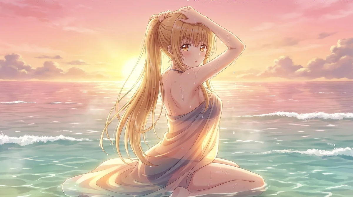 『お隣の天使様にいつの間にか駄目人間にされていた件』の椎名真昼が、夕焼けに染まる美しいビーチで水着姿を披露。髪を束ねながら、濡れた肌に夕日が輝き、まさに天使のような美しさです。