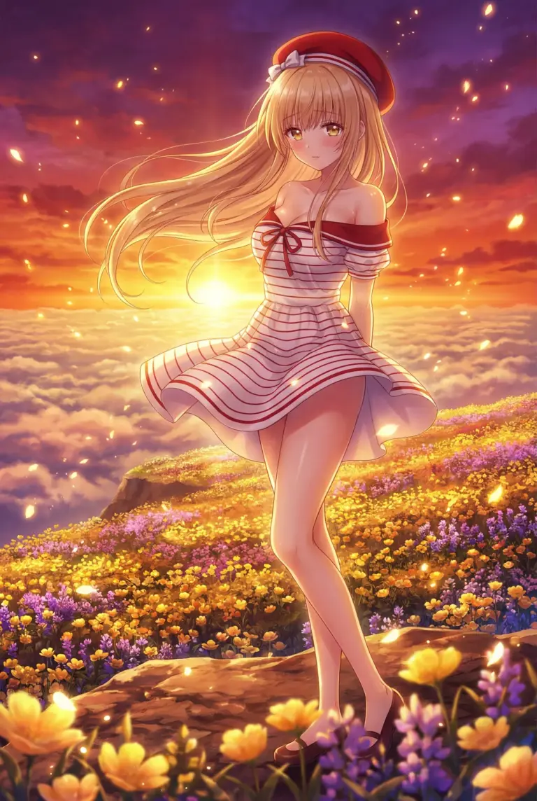 【椎名真昼】夕焼けに輝く花畑の天使