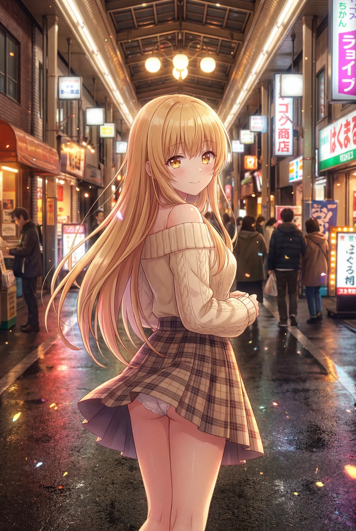 「お隣の天使様にいつの間にか駄目人間にされていた件」の椎名真昼が、雨上がりの賑やかな商店街で振り返り、優しい笑顔を見せています。濡れた地面に反射する光が幻想的な雰囲気です。