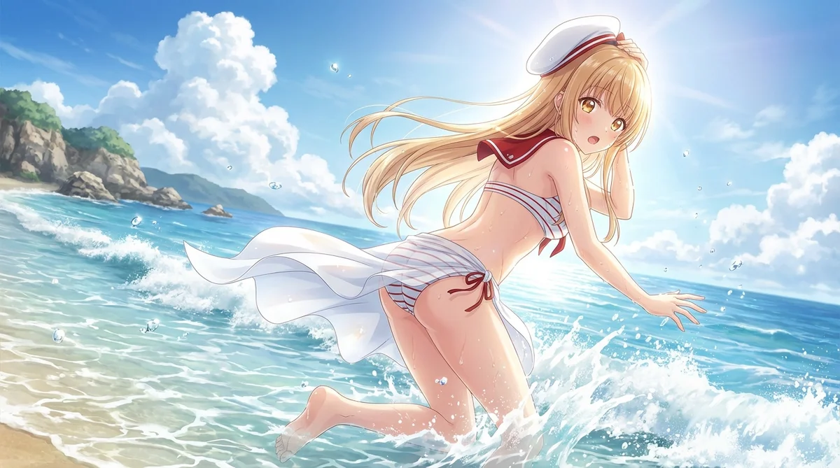 Shiina Mahiru from "The Angel Next Door Spoils Me Rotten" enjoys a bright summer day at the beach in her swimsuit. Splashing in the waves under the radiant sun, her dazzling presence truly shines like an angel.