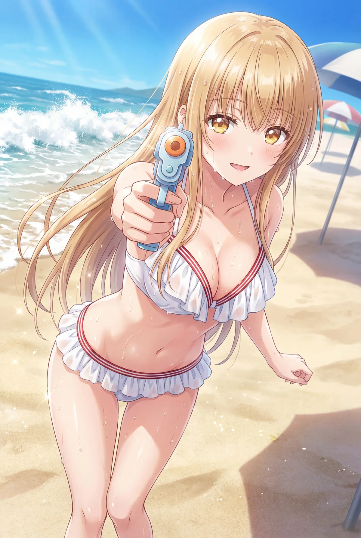 お隣の天使様、椎名真昼が夏のビーチで水着姿を披露！水鉄砲を構えて、こちらに笑顔を向ける姿がキュート。弾ける水しぶきと太陽がまぶしい、楽しい水遊びの瞬間を切り取りました。