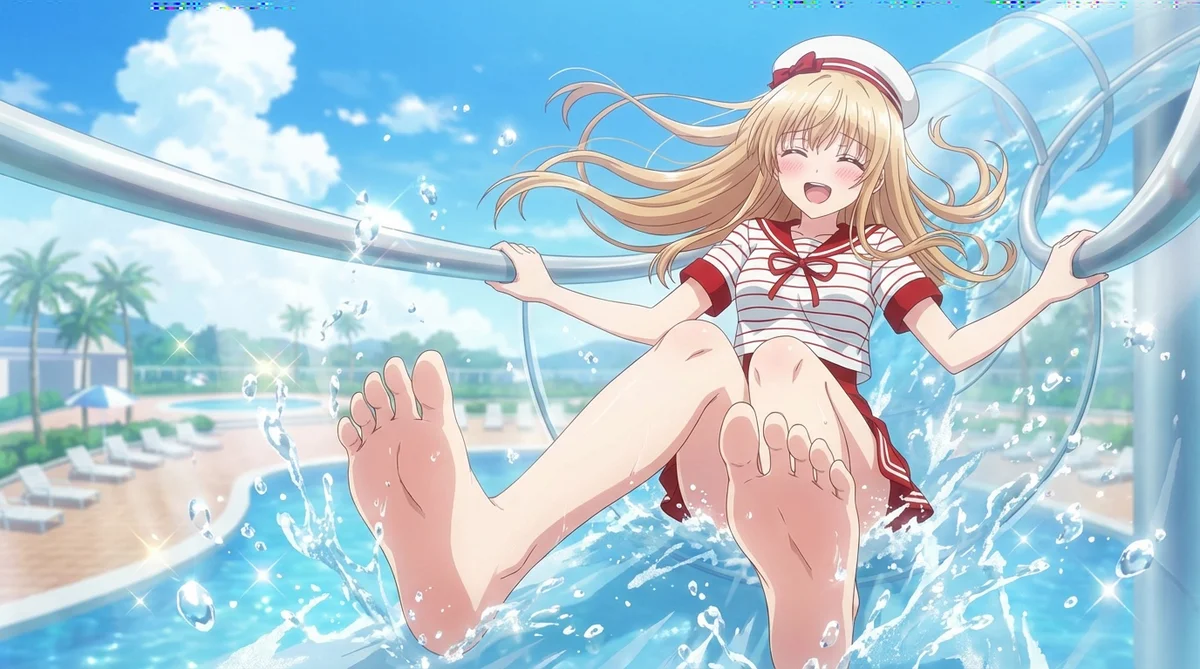 椎名真昼がウォータースライダーを滑り降りる瞬間。水しぶきを上げながら、最高の笑顔を見せています。赤と白のセーラー服風水着が夏の日差しに映える、楽しさあふれる一枚です。