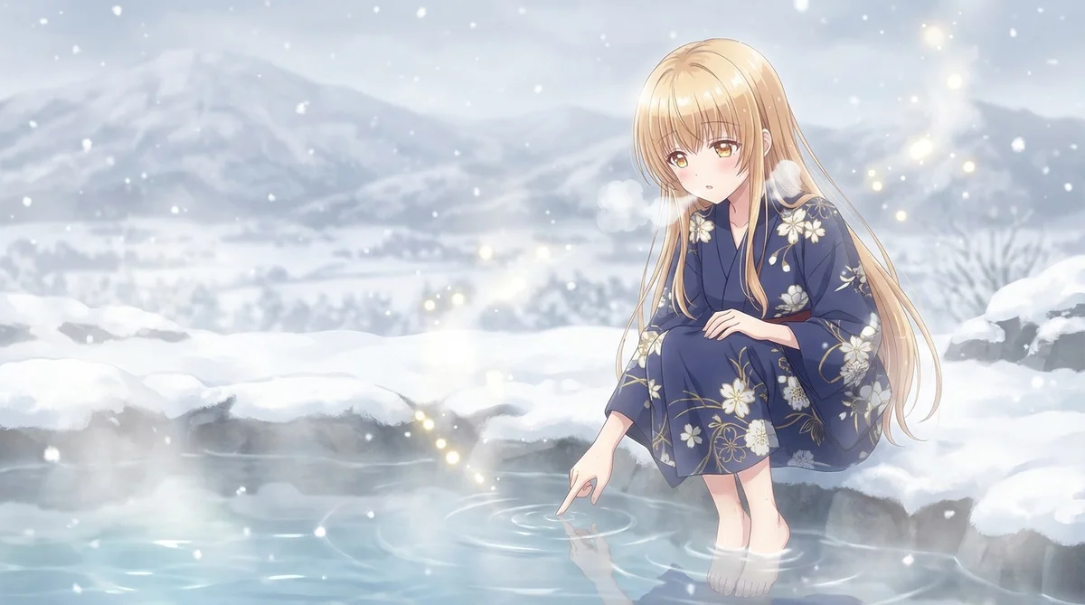 Mahiru Shiina enjoys a snowy onsen in yukata, touching steaming water. Magical lights create a peaceful winter scene.