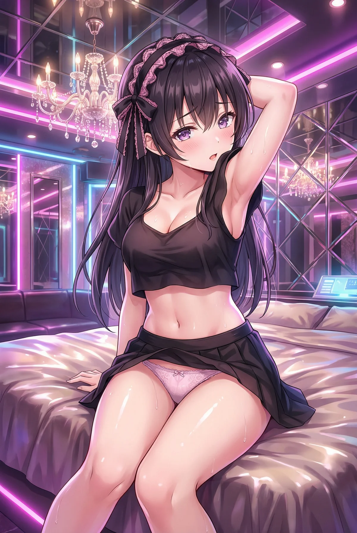 Yuki Suou: Alluring on a bed in a neon room. Glistening skin, captivating gaze, intimate mood.